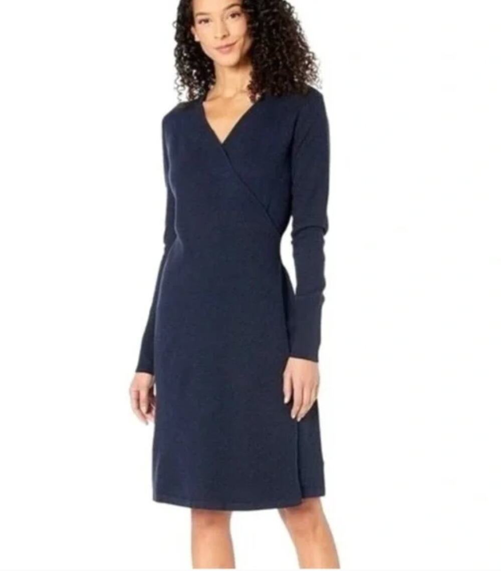 PRANA Bryce Bluff Wrap Sweater V Neck Dress in Navy // M